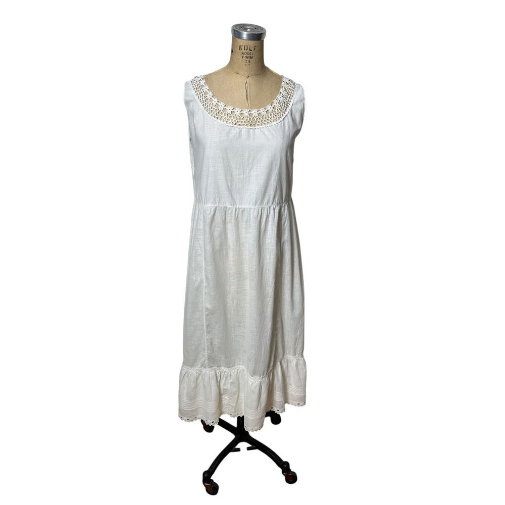 Antique white cotton dress or chemise with crocheted flower yoke Size M